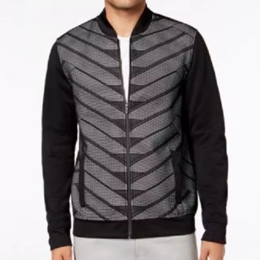 Alfani Jacket Zip Down Black Gray Geometric Print Crew Neck Sz XL Versatile